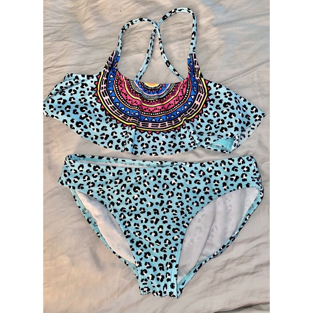 Circo Aqua‎ Blue Animal Cheetah Print Sunburst Flounce Bikini Swimsuit  M 7/8